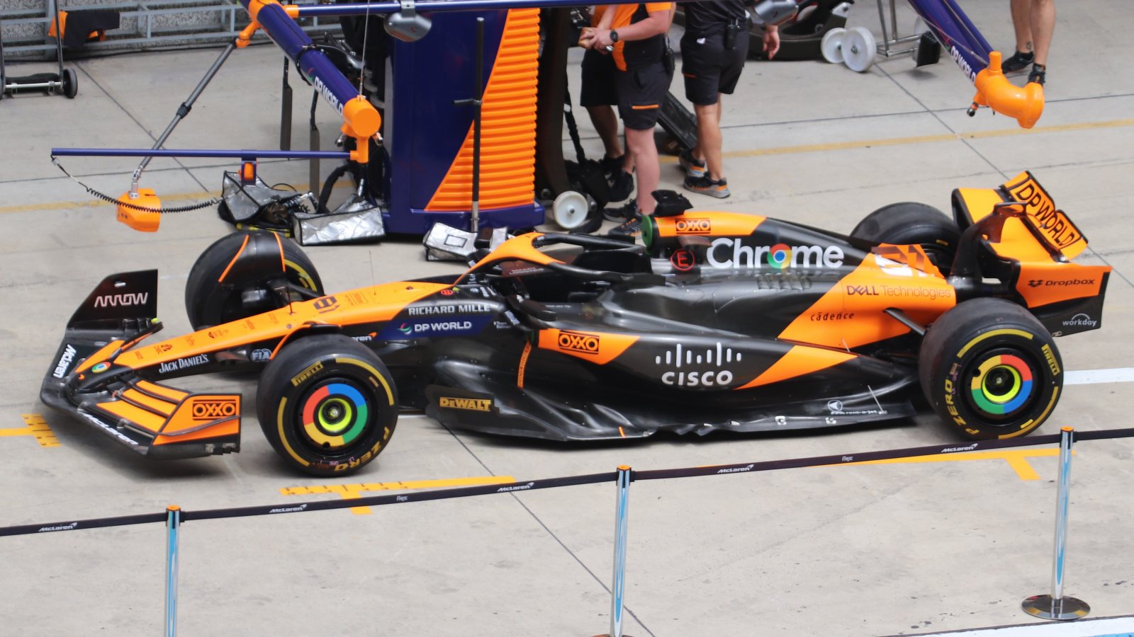 A McLaren MCL38 displayed in the pit lane at the 2024 Chinese Grand Prix.
