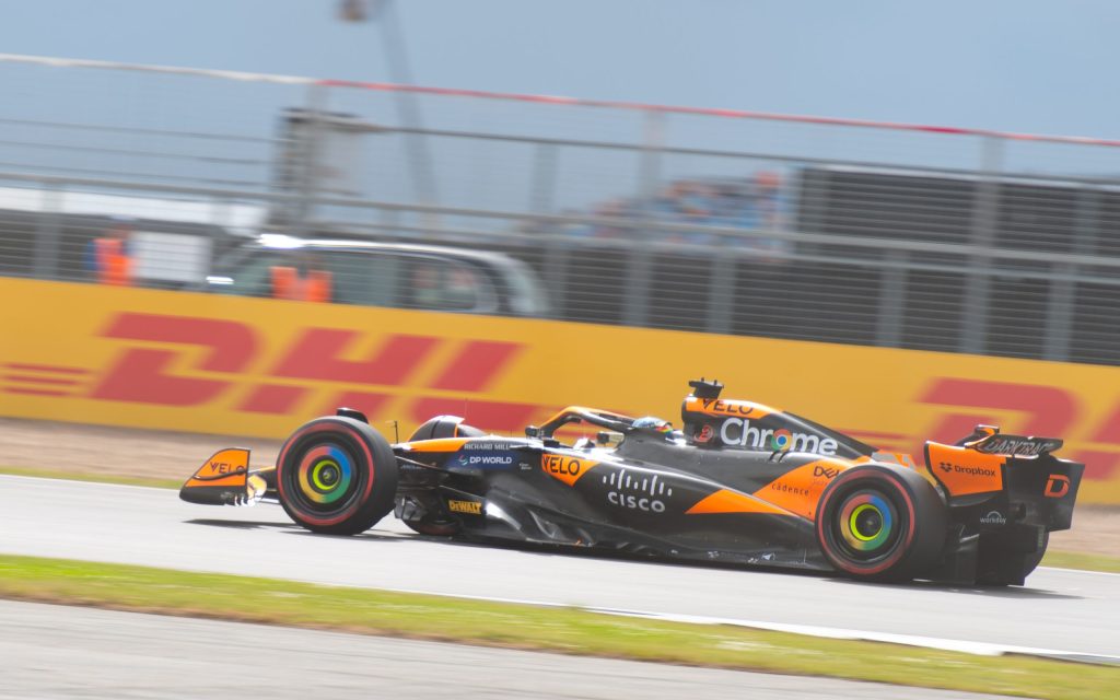 Oscar Piastri driving the number 81 McLaren at Silverstone during 2024 British Grand Prix practice