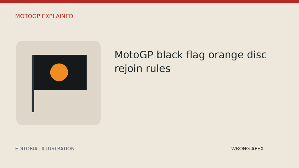 Editorial illustration of a black flag with an orange disc beside the MotoGP rejoining topic label.