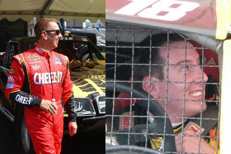 Split view showing a man in a red racing suit smiling outdoors next to a vehicle on the left, and a driver smiling behind window netting inside a racecar on the right.