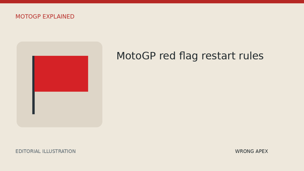 Editorial illustration showing a red flag on a dark pole within a rounded beige panel, with a MotoGP restart rules title to the right.