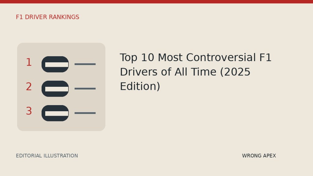 Three dark helmet symbols numbered 1, 2 and 3 beside the text “Top 10 Most Controversial F1 Drivers of All Time (2025 Edition)” on a cream background.