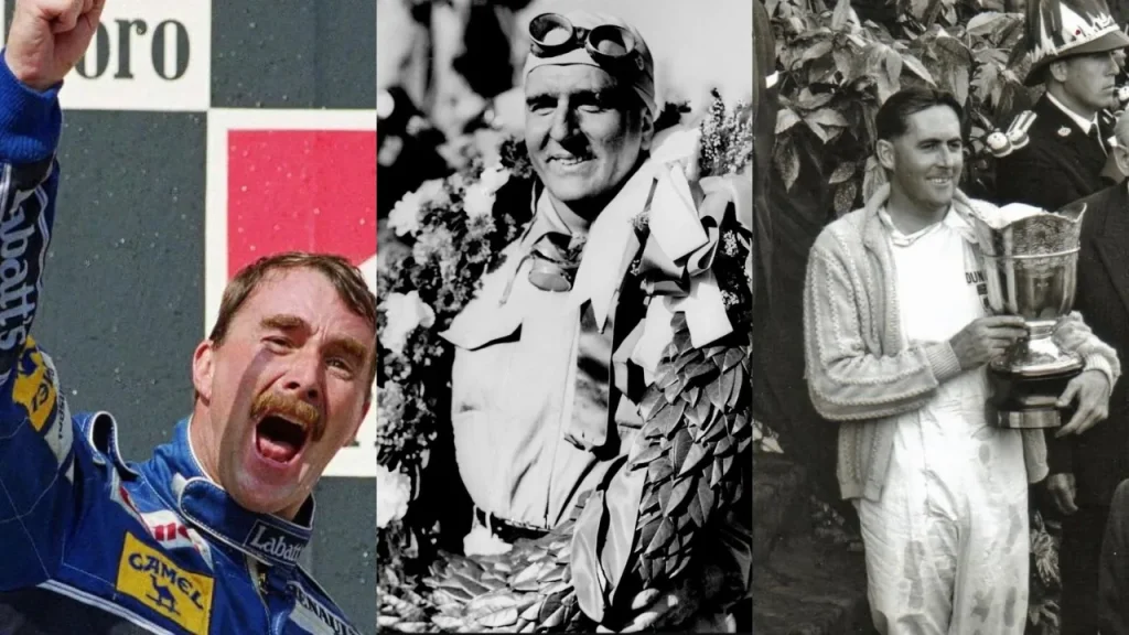 Three-panel collage: a driver in blue raises an arm; a black-and-white portrait shows a driver wearing goggles and a wreath; another shows a driver holding a large trophy.