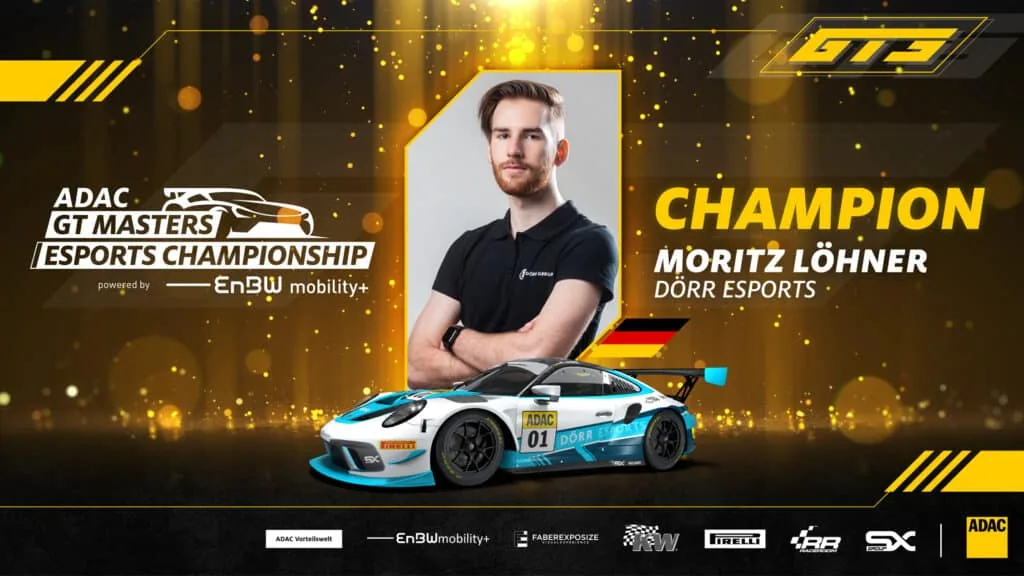 Moritz Löhner with folded arms above a turquoise-and-white GT car, with Dörr Esports and ADAC Esports champion branding.