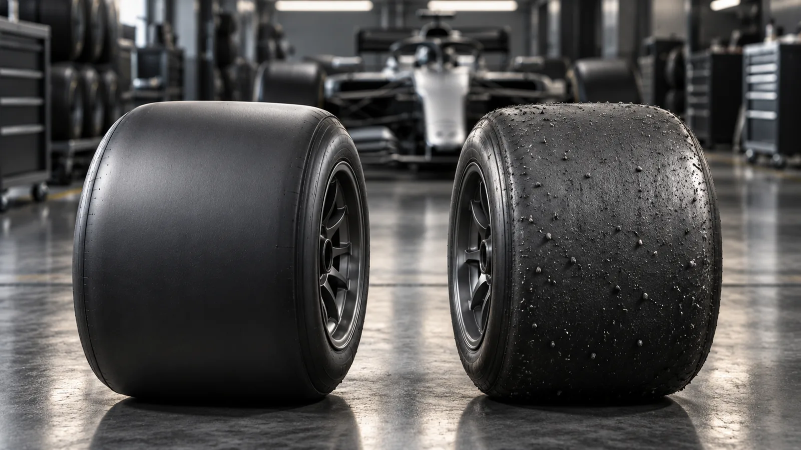 Illustration of a fresh racing slick beside a used slick with rubber pickup in a pit garage