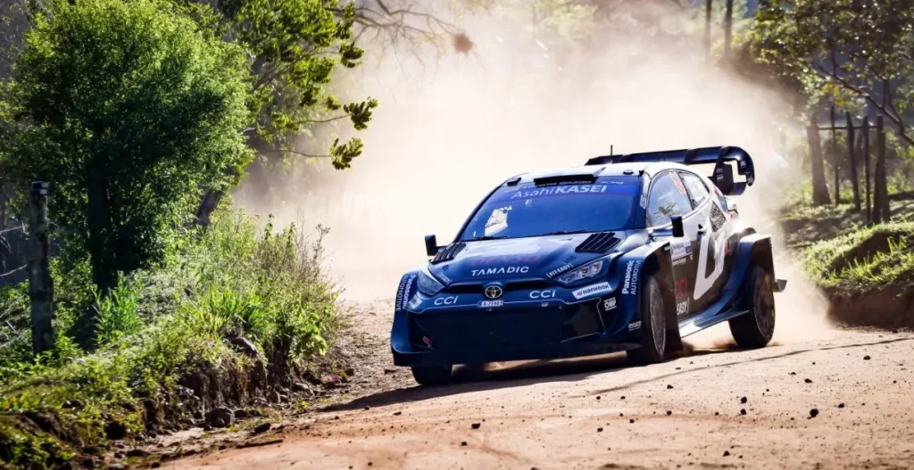 A Toyota GR Yaris Rally1 World Rally Championship car navigates a sunlit gravel stage, kicking up a large plume of dust along a track bordered by trees and roadside fencing.