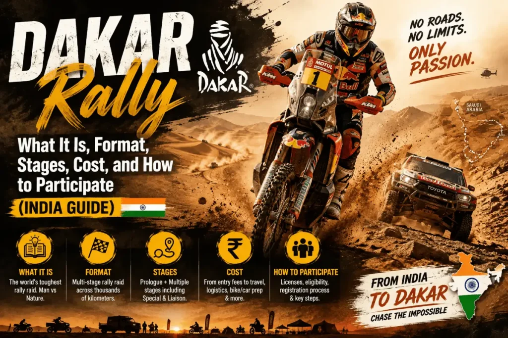 Graphic poster showing a rally raid motorcycle rider and a rally car driving through desert terrain, with Dakar Rally text and infographic icons.